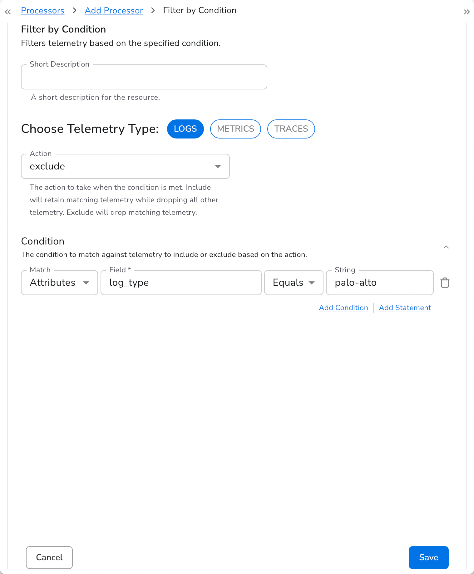 Bindplane docs - Migrate from Splunk to SecOps - Filter by Condition processor excluding palo-alto logs