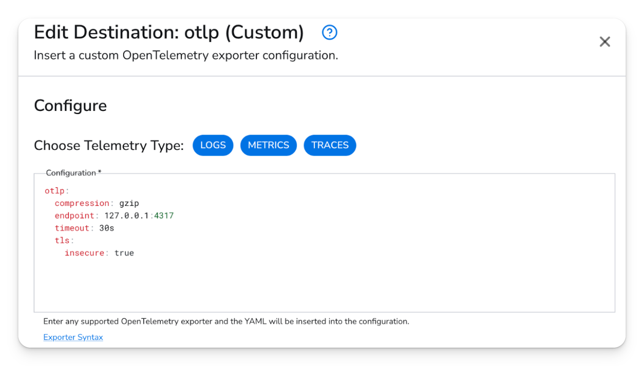 Bindplane UI: Edit Destination dialog for custom OTLP exporter with Logs, Metrics, Traces selected