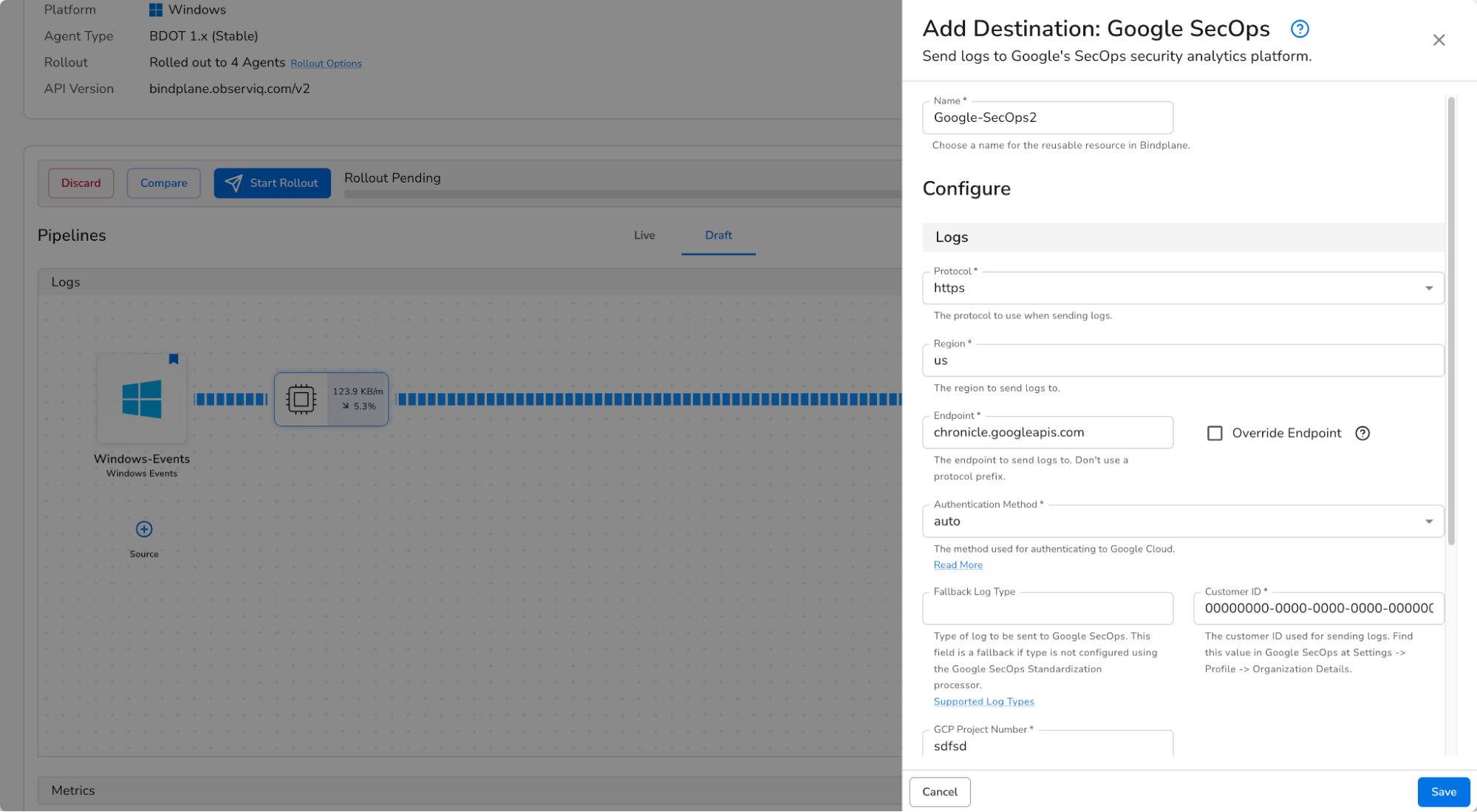 Bindplane docs - Migrate from Sentinel to SecOps - configure Google SecOps destination