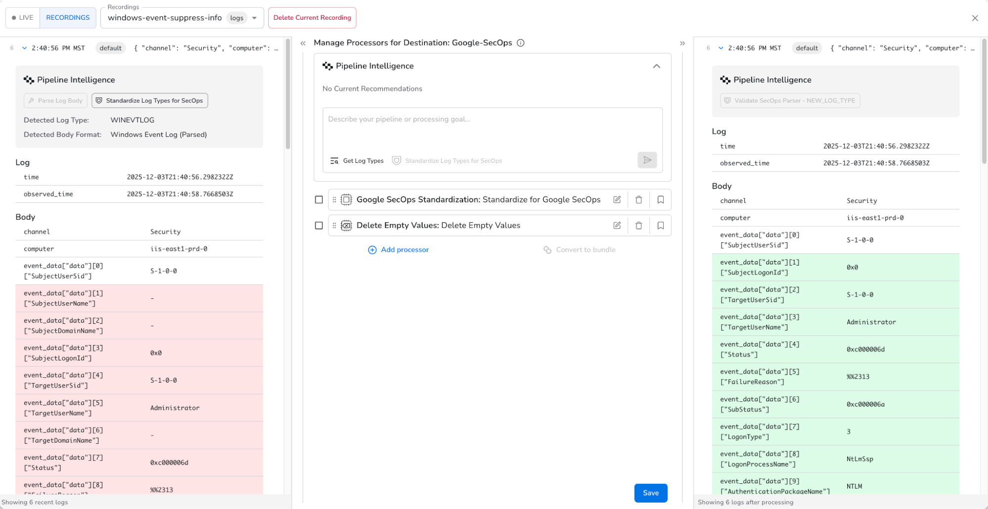Bindplane docs - Migrate from Splunk to SecOps - SecOps Standardization processor added