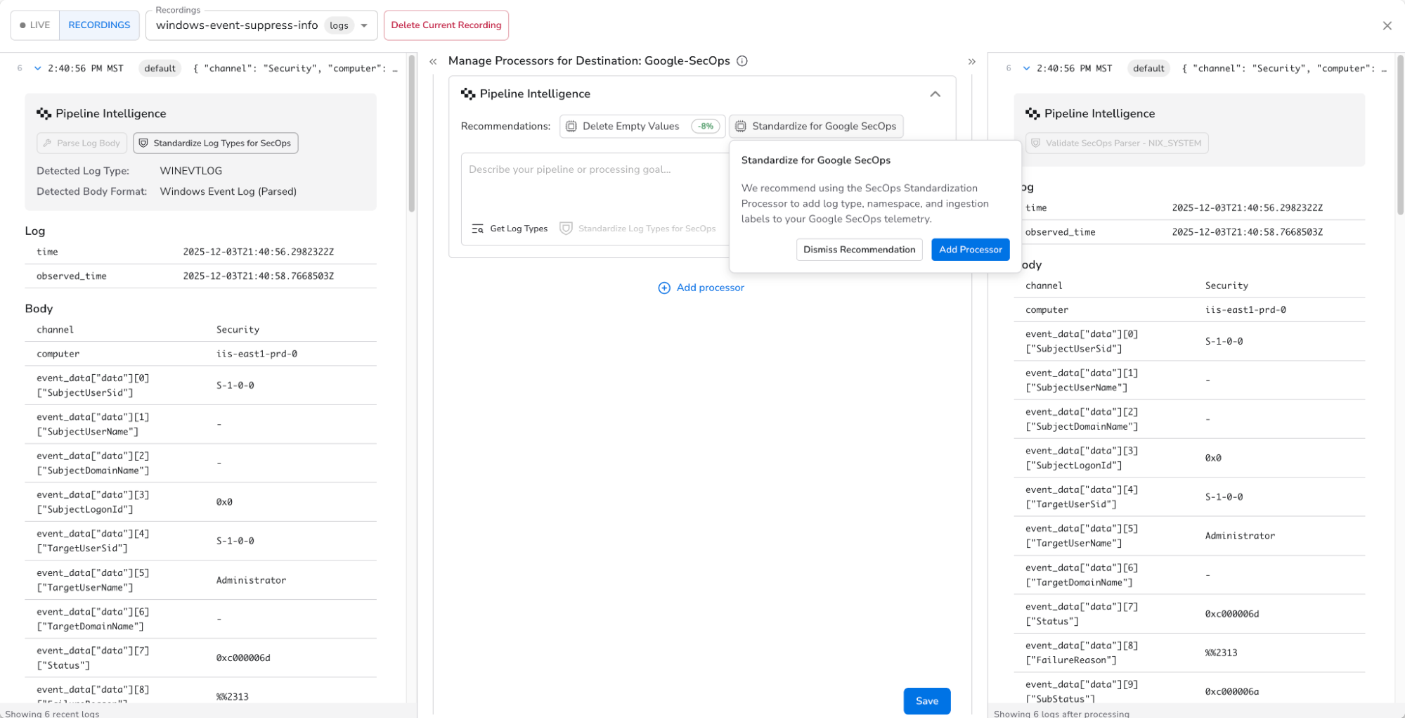 Bindplane docs - Migrate from Splunk to SecOps - Pipeline Intelligence recommending SecOps Standardization processor