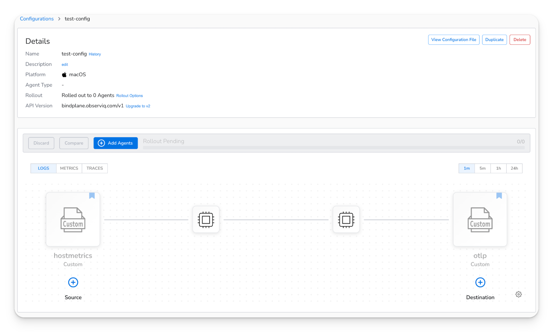 Bindplane UI: test-config configuration showing pipeline from custom hostmetrics source to custom otlp destination