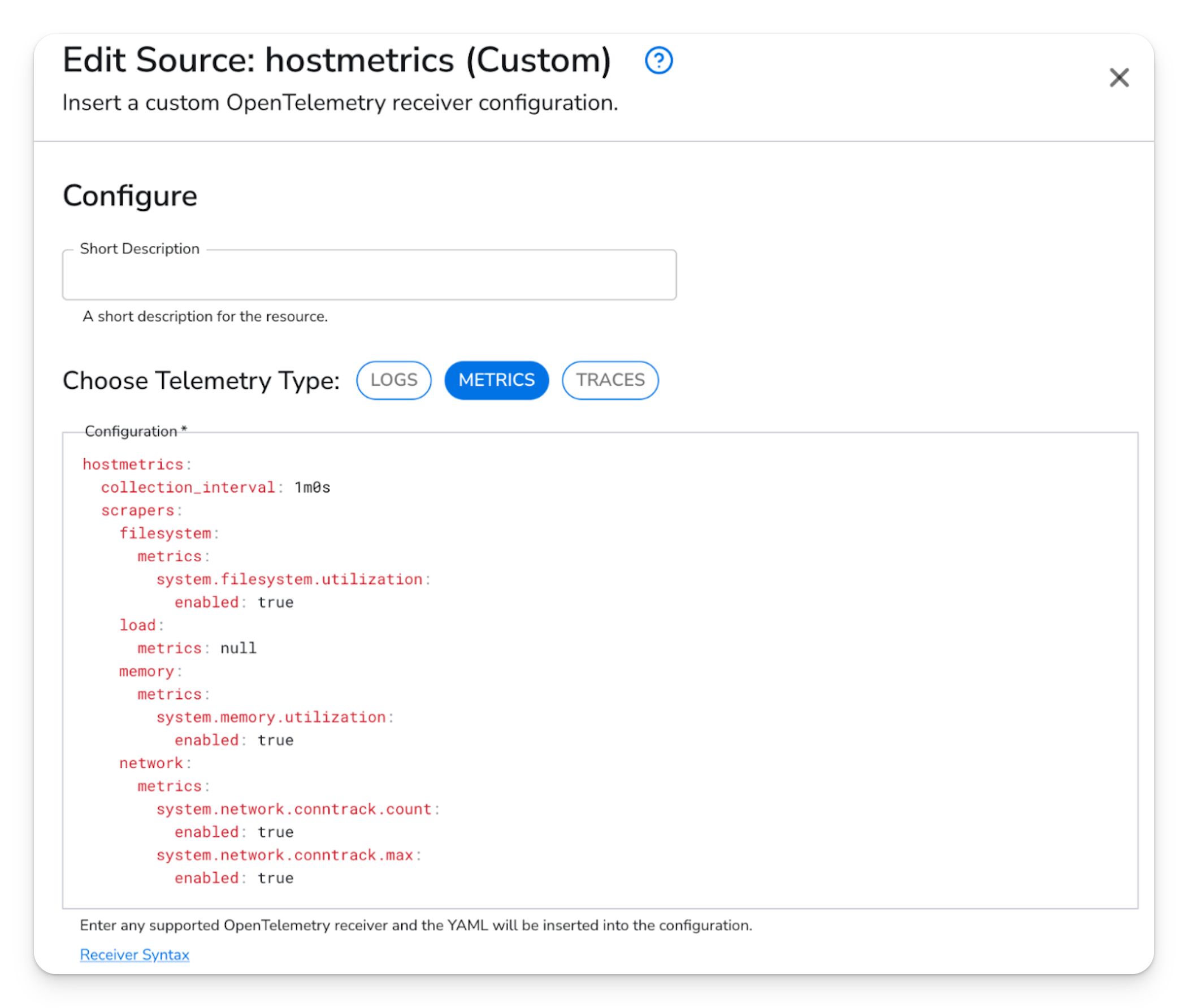 Bindplane UI: Edit Source dialog for custom hostmetrics receiver with Metrics selected and YAML configuration