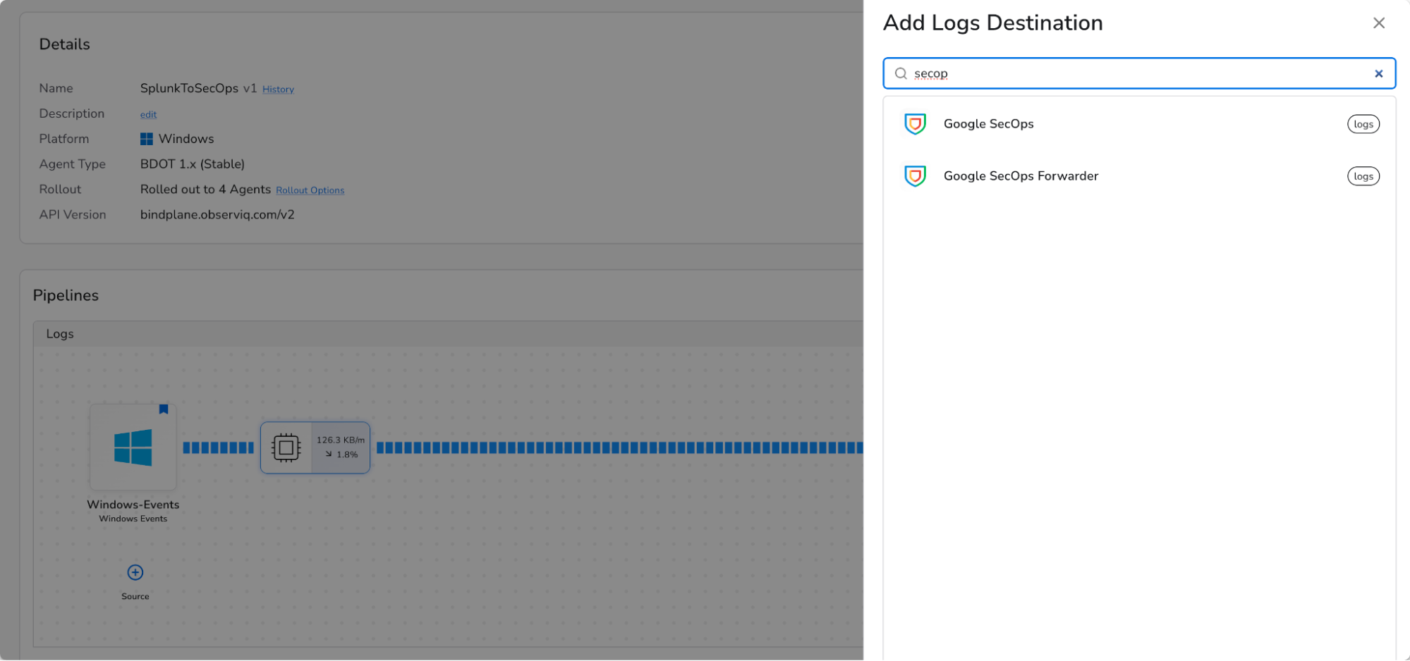 Bindplane docs - Migrate from Sentinel to SecOps - add Google SecOps destination